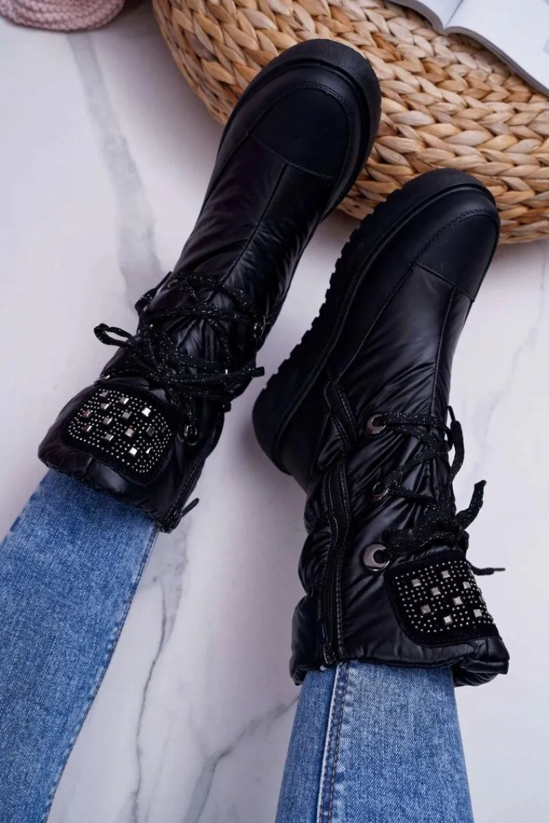 Discount Boto Damskie Botki Śniegowce Ocieplane Futerkiem Czarne Honor