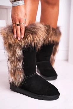 Śniegowce Damskie>Boto Damskie Botki Śniegowce Ocieplane Futerkiem Skóra Zamsz Czarne Balvin Czarny