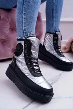 Discount Boto Damskie Botki Śniegowce Ocieplane Futerkiem Srebrne Fahrenheit