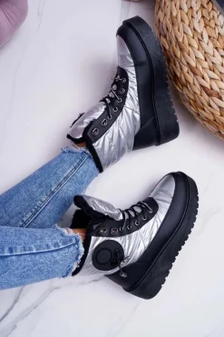 Discount Boto Damskie Botki Śniegowce Ocieplane Futerkiem Srebrne Fahrenheit