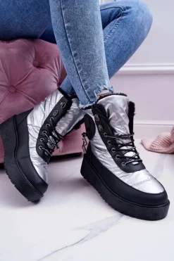 Discount Boto Damskie Botki Śniegowce Ocieplane Futerkiem Srebrne Fahrenheit