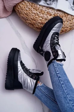 Discount Boto Damskie Botki Śniegowce Ocieplane Futerkiem Srebrne Fahrenheit