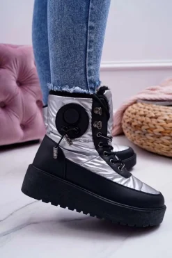 Discount Boto Damskie Botki Śniegowce Ocieplane Futerkiem Srebrne Fahrenheit