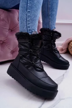 Damskie Botki Śniegowce Ocieplane Futerkiem Czarne Calma Damskie Śniegowce Damskie