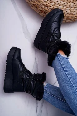 Damskie Botki Śniegowce Ocieplane Futerkiem Czarne Calma Damskie Śniegowce Damskie