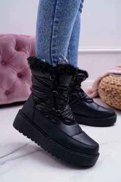 Damskie Botki Śniegowce Ocieplane Futerkiem Czarne Calma Damskie Śniegowce Damskie