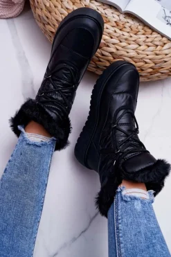 Damskie Botki Śniegowce Ocieplane Futerkiem Czarne Calma Damskie Śniegowce Damskie