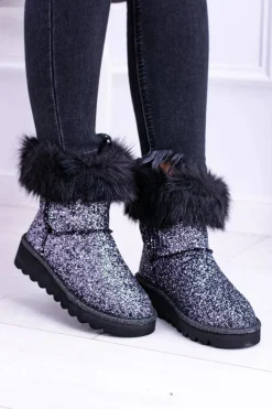 Discount Boto Damskie Botki Śniegowce Wysokie Z Futerkiem i Brokatem Fourrure