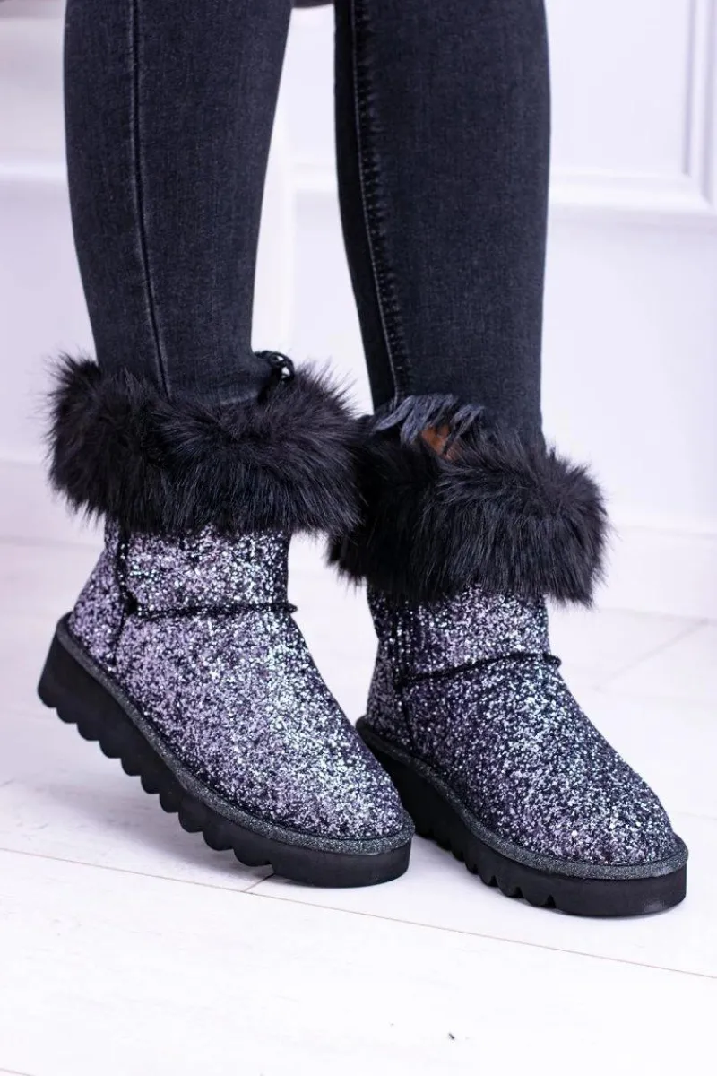 Discount Boto Damskie Botki Śniegowce Wysokie Z Futerkiem i Brokatem Fourrure