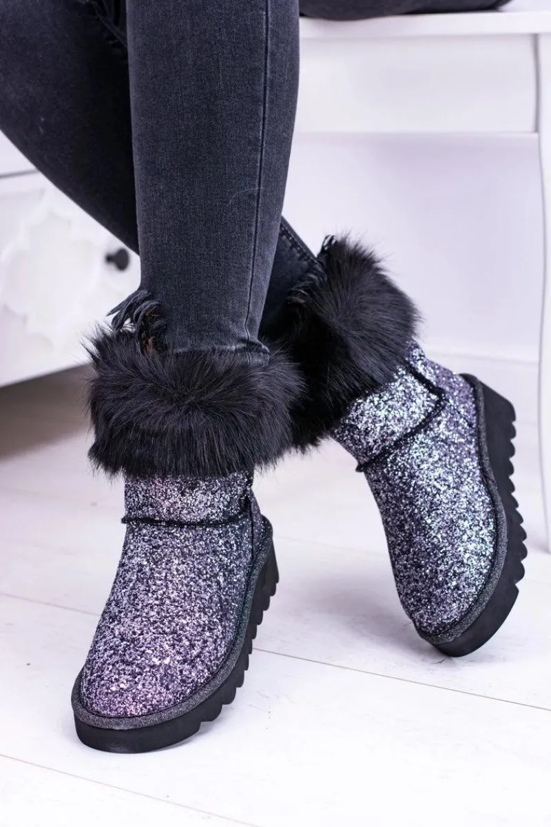 Discount Boto Damskie Botki Śniegowce Wysokie Z Futerkiem i Brokatem Fourrure