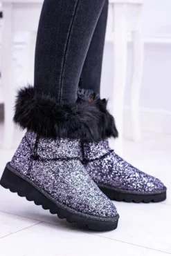 Discount Boto Damskie Botki Śniegowce Wysokie Z Futerkiem i Brokatem Fourrure