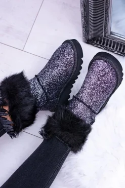 Discount Boto Damskie Botki Śniegowce Wysokie Z Futerkiem i Brokatem Fourrure