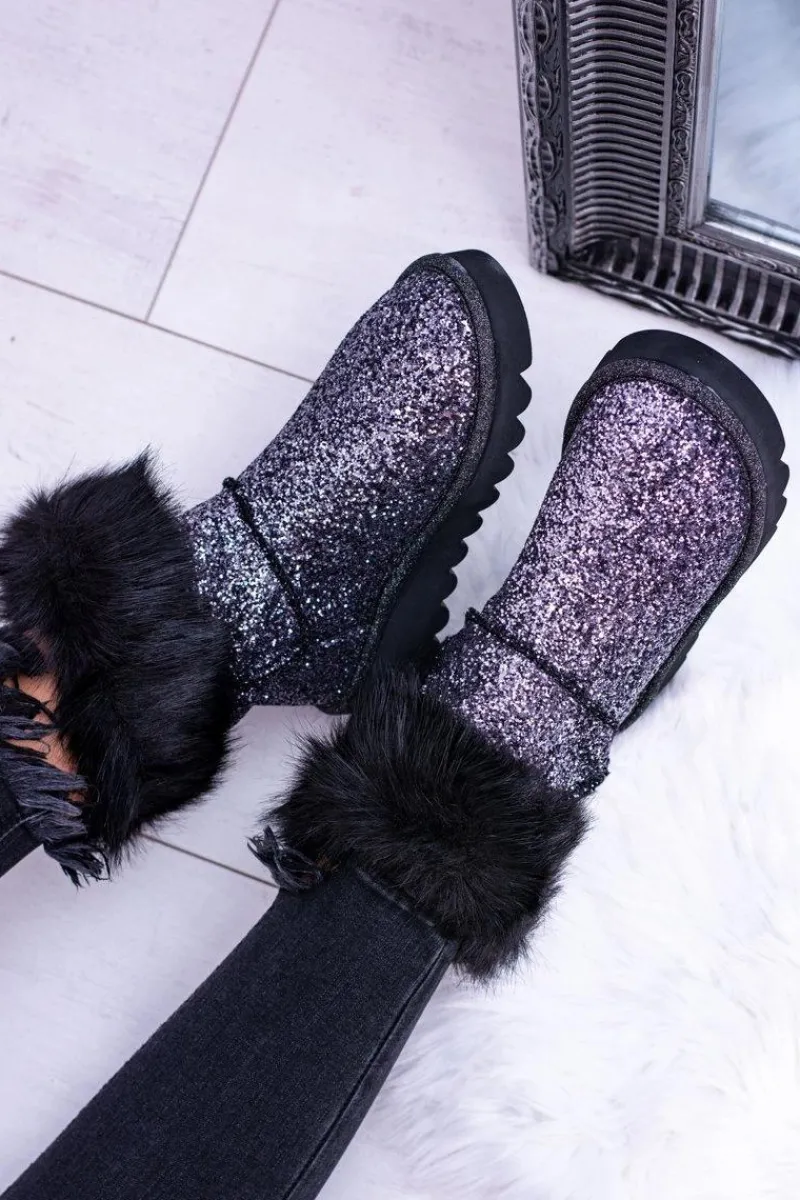 Discount Boto Damskie Botki Śniegowce Wysokie Z Futerkiem i Brokatem Fourrure