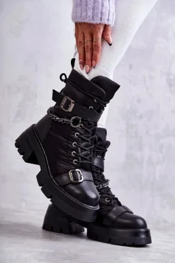 Hot GOE Damskie Botki Śniegowce Z Łańcuchem KK2N4018 Czarne