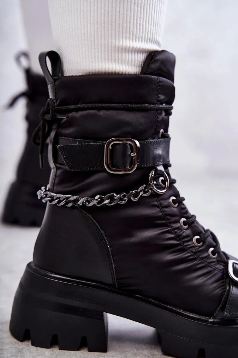 Hot GOE Damskie Botki Śniegowce Z Łańcuchem KK2N4018 Czarne