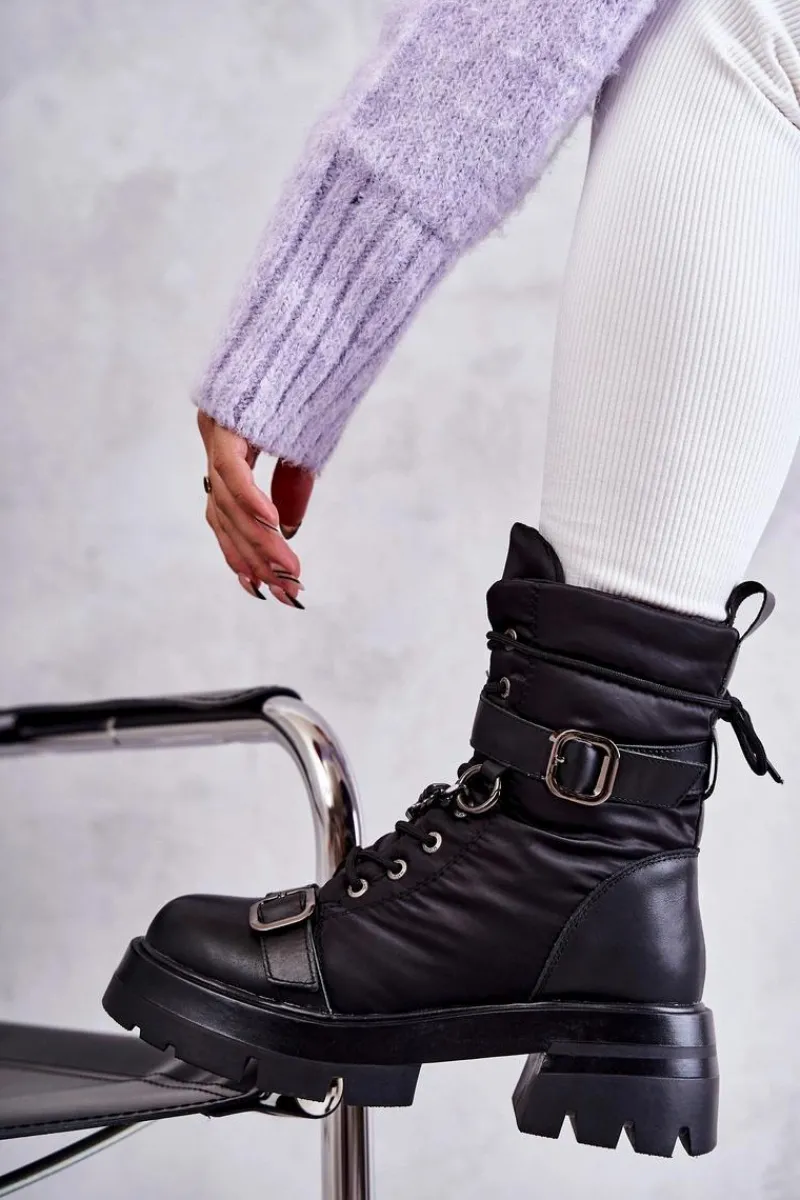 Hot GOE Damskie Botki Śniegowce Z Łańcuchem KK2N4018 Czarne