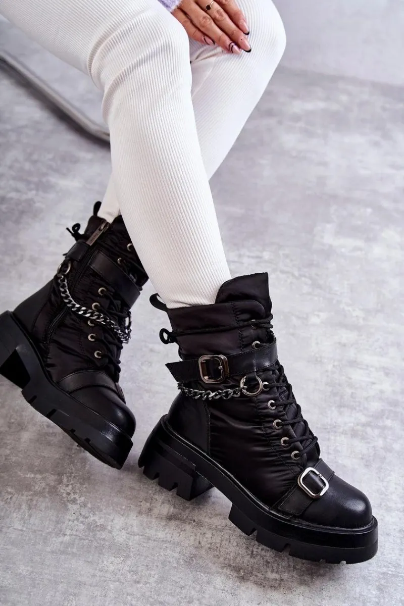 Hot GOE Damskie Botki Śniegowce Z Łańcuchem KK2N4018 Czarne