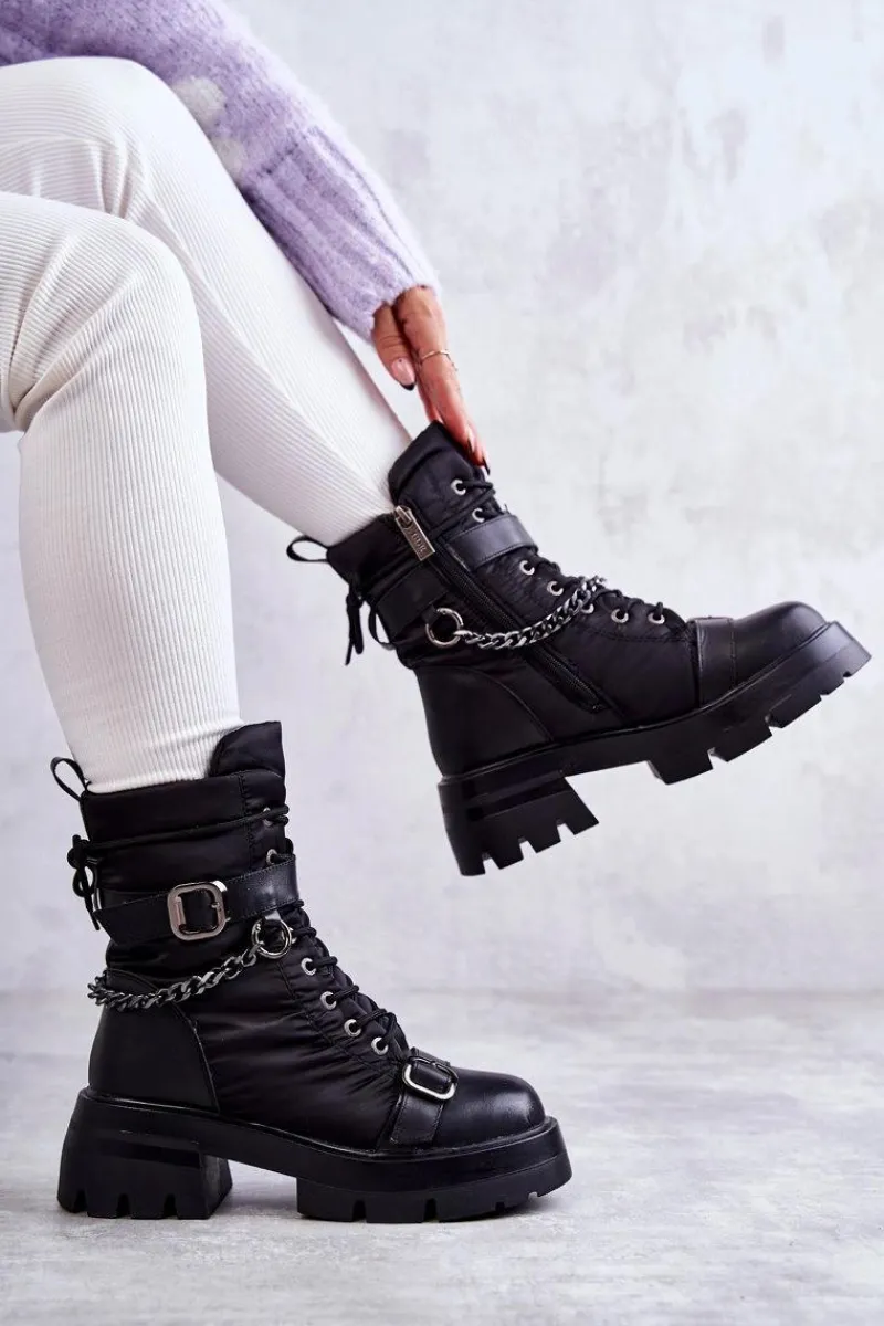 Hot GOE Damskie Botki Śniegowce Z Łańcuchem KK2N4018 Czarne