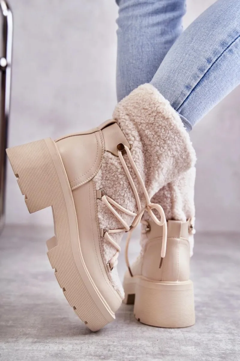 Online Damskie Botki Śniegowce Z Kożuszkiem Beżowe Sanna Damskie Śniegowce Damskie|Damskie Trapery