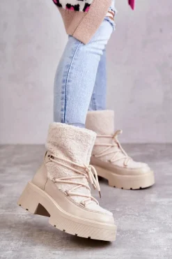 Online Damskie Botki Śniegowce Z Kożuszkiem Beżowe Sanna Damskie Śniegowce Damskie|Damskie Trapery