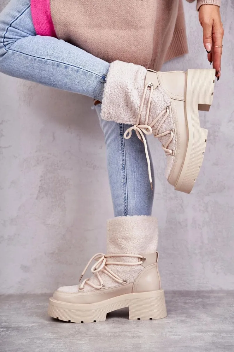 Online Damskie Botki Śniegowce Z Kożuszkiem Beżowe Sanna Damskie Śniegowce Damskie|Damskie Trapery