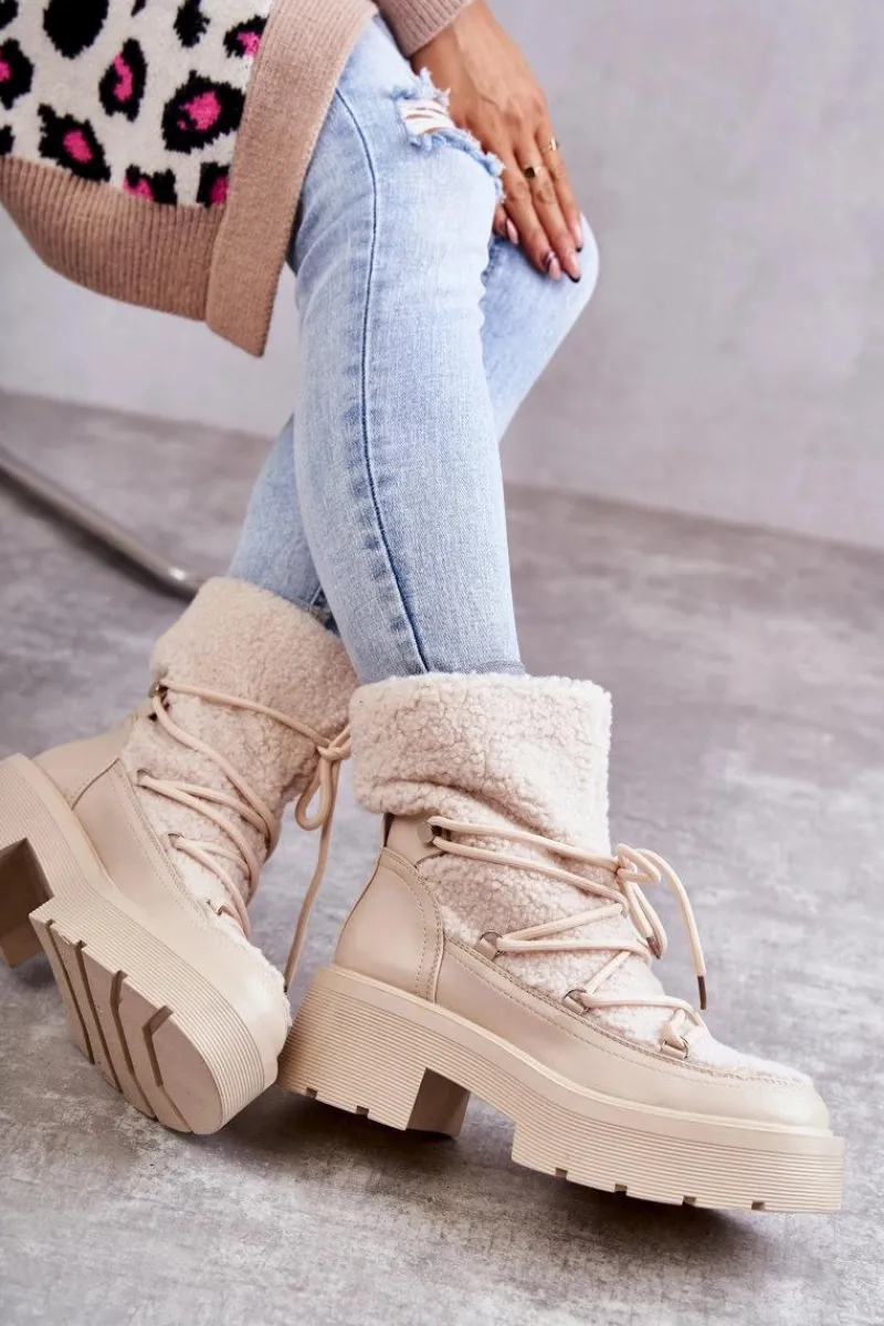 Online Damskie Botki Śniegowce Z Kożuszkiem Beżowe Sanna Damskie Śniegowce Damskie|Damskie Trapery