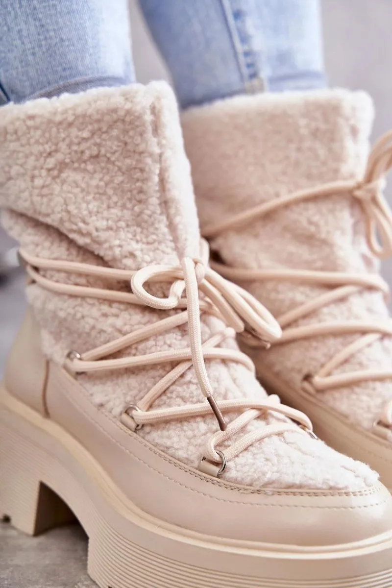 Online Damskie Botki Śniegowce Z Kożuszkiem Beżowe Sanna Damskie Śniegowce Damskie|Damskie Trapery