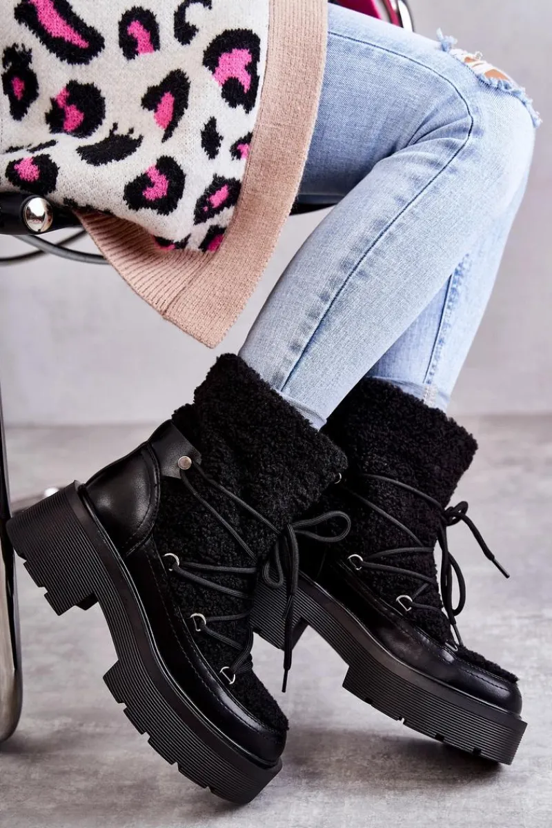 Online Boto Damskie Botki Śniegowce Z Kożuszkiem Czarne Sanna