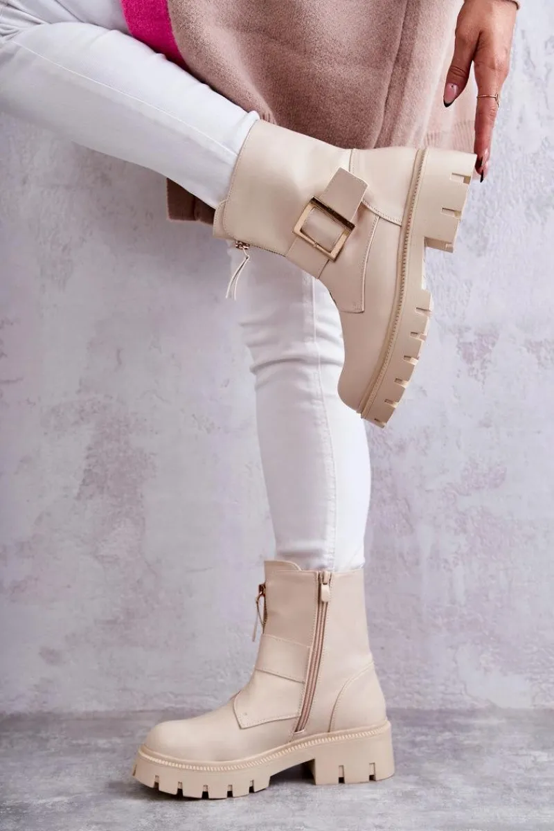 Best Boto Damskie Botki Ocieplane Na Suwak Beżowe Torey