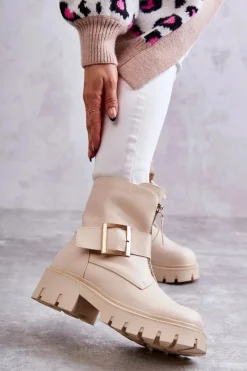 Best Boto Damskie Botki Ocieplane Na Suwak Beżowe Torey