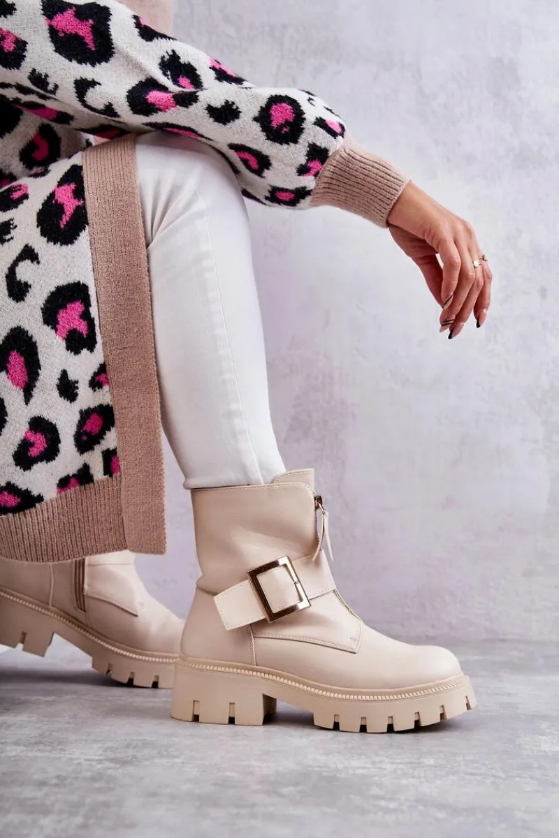 Best Boto Damskie Botki Ocieplane Na Suwak Beżowe Torey