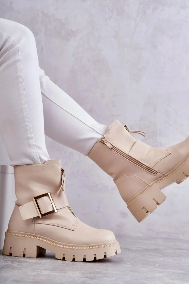 Best Boto Damskie Botki Ocieplane Na Suwak Beżowe Torey