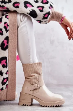 Discount Damskie Botki Ocieplane Na Masywnym Obcasie Beżowe Marinela Damskie Botki Ocieplane|Czarne Botki