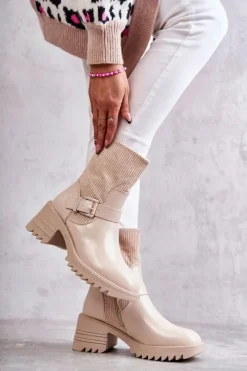 Discount Damskie Botki Ocieplane Na Masywnym Obcasie Beżowe Marinela Damskie Botki Ocieplane|Czarne Botki