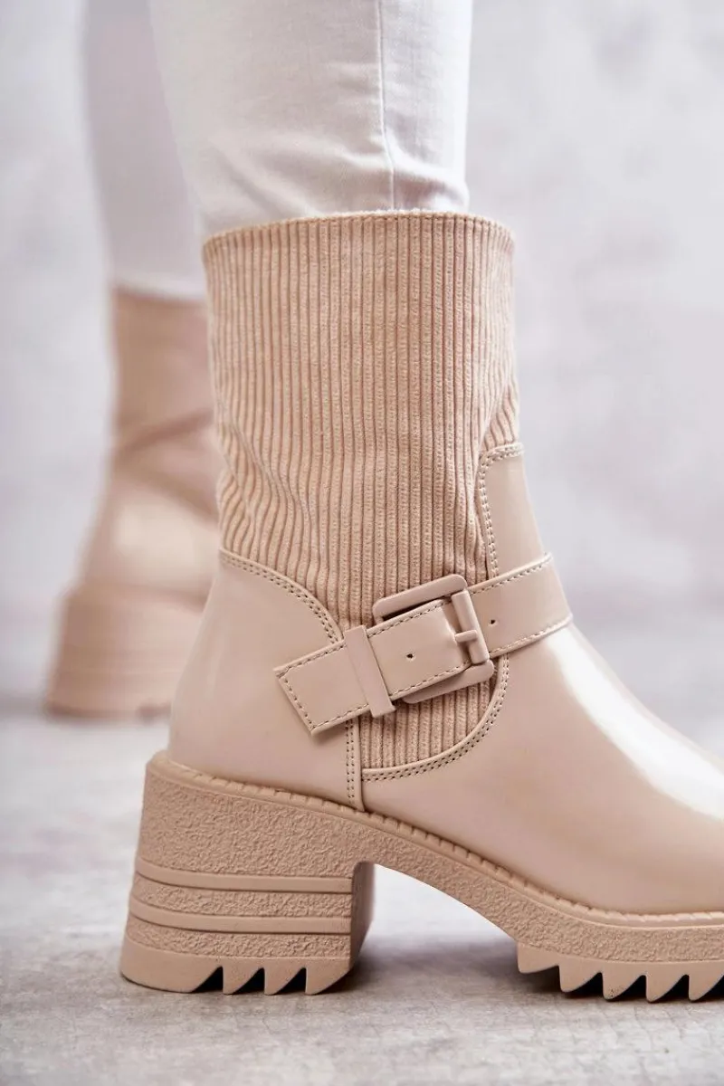 Discount Damskie Botki Ocieplane Na Masywnym Obcasie Beżowe Marinela Damskie Botki Ocieplane|Czarne Botki