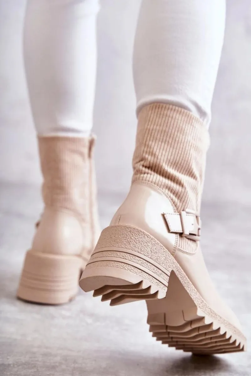 Discount Damskie Botki Ocieplane Na Masywnym Obcasie Beżowe Marinela Damskie Botki Ocieplane|Czarne Botki