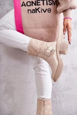 Discount Damskie Botki Ocieplane Na Masywnym Obcasie Beżowe Marinela Damskie Botki Ocieplane|Czarne Botki