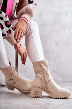 Discount Damskie Botki Ocieplane Na Masywnym Obcasie Beżowe Marinela Damskie Botki Ocieplane|Czarne Botki