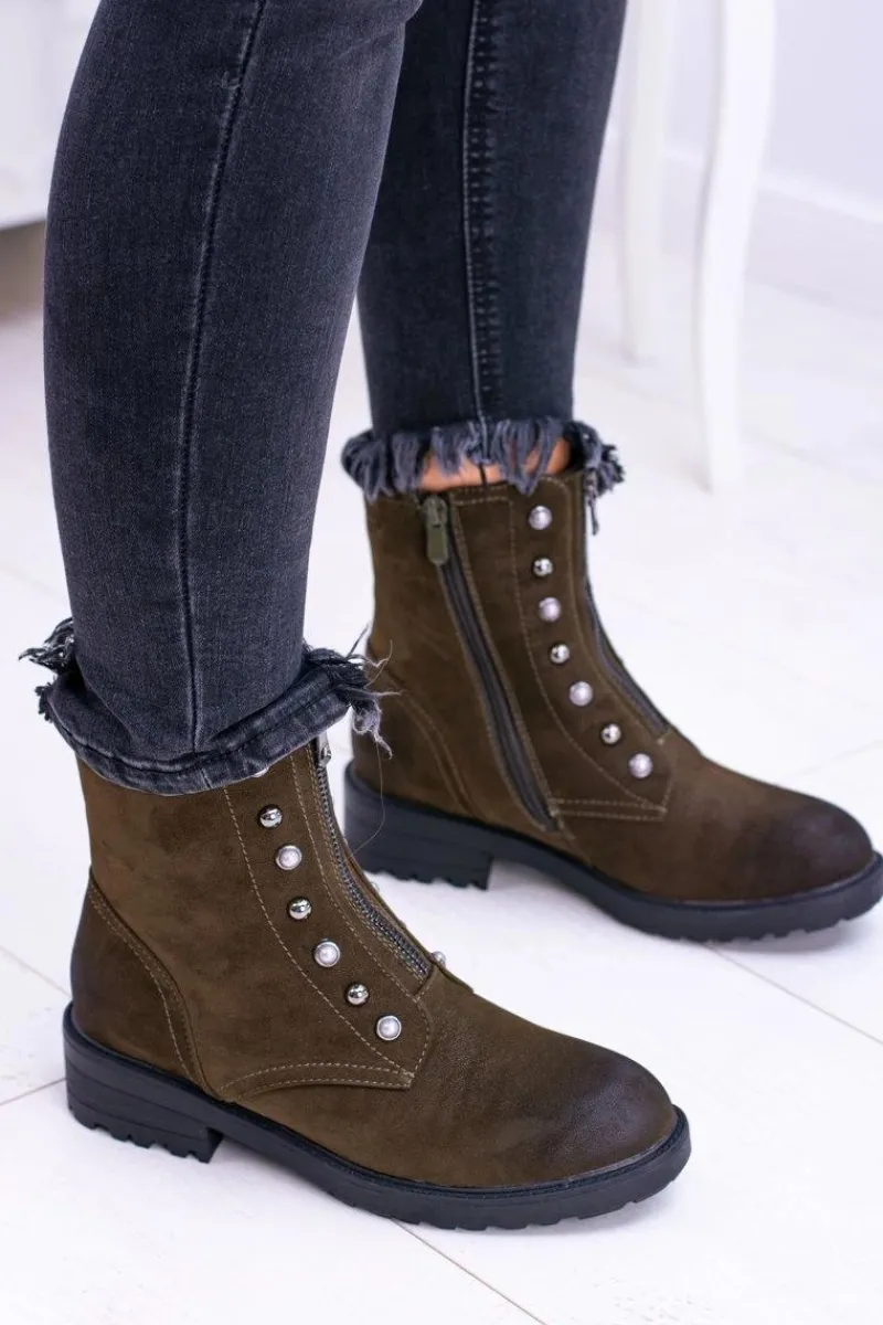 Damskie Botki Ocieplane Trapery Khaki Dowito Damskie Botki Płaskie|Czarne Botki