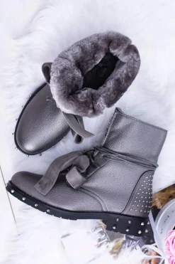 Outlet Damskie Botki Ocieplane Z Kolcami i Dżetami Srebrne Neso Damskie Botki Sznurowane|Botki Zimowe Damskie