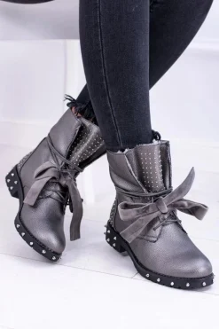 Outlet Damskie Botki Ocieplane Z Kolcami i Dżetami Srebrne Neso Damskie Botki Sznurowane|Botki Zimowe Damskie