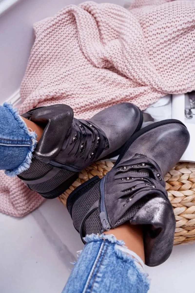 Botki Sznurowane|Botki Zimowe Damskie>Boto Damskie Botki Płaski Obcas Ciepłe Szare Debra