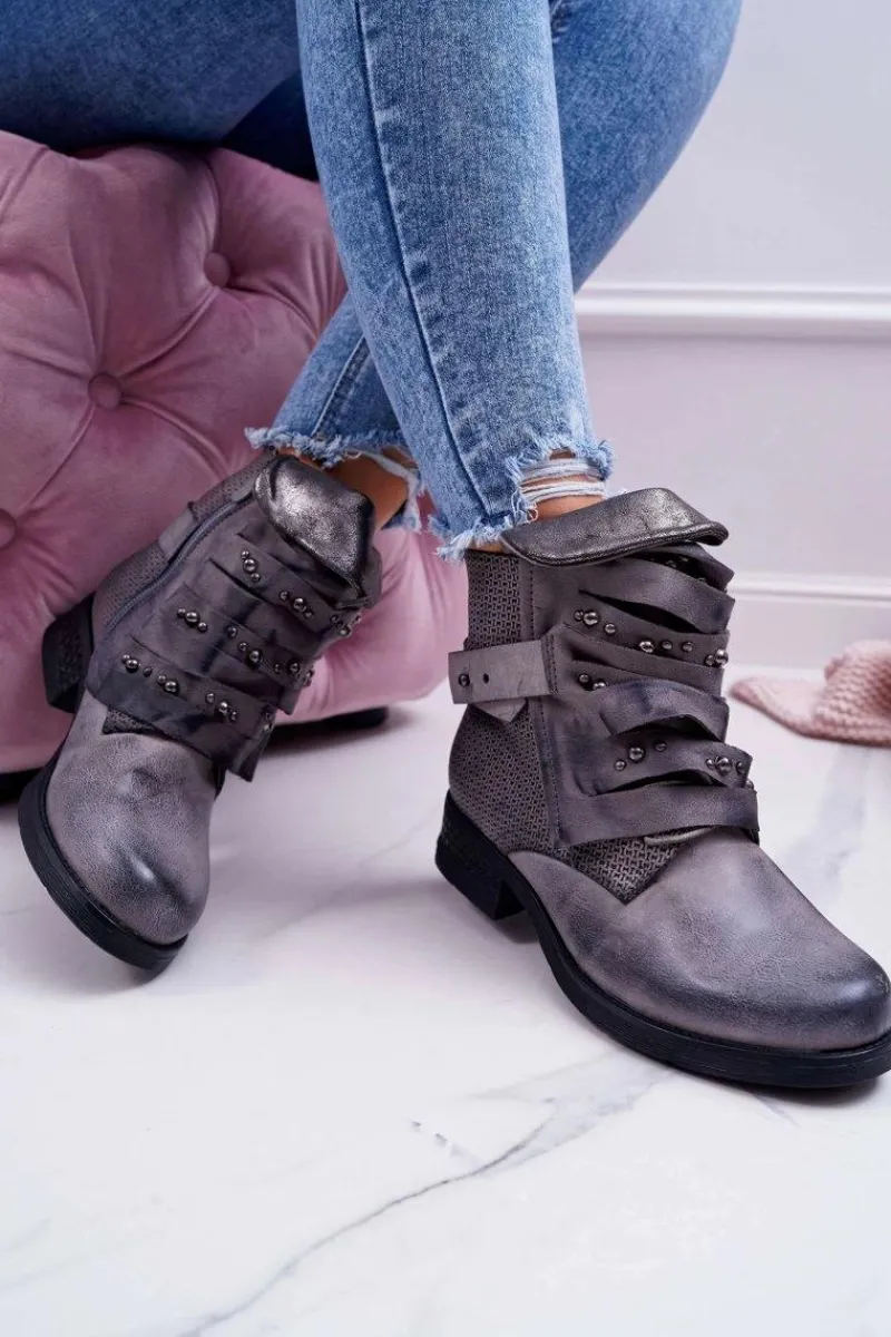 Botki Sznurowane|Botki Zimowe Damskie>Boto Damskie Botki Płaski Obcas Ciepłe Szare Debra