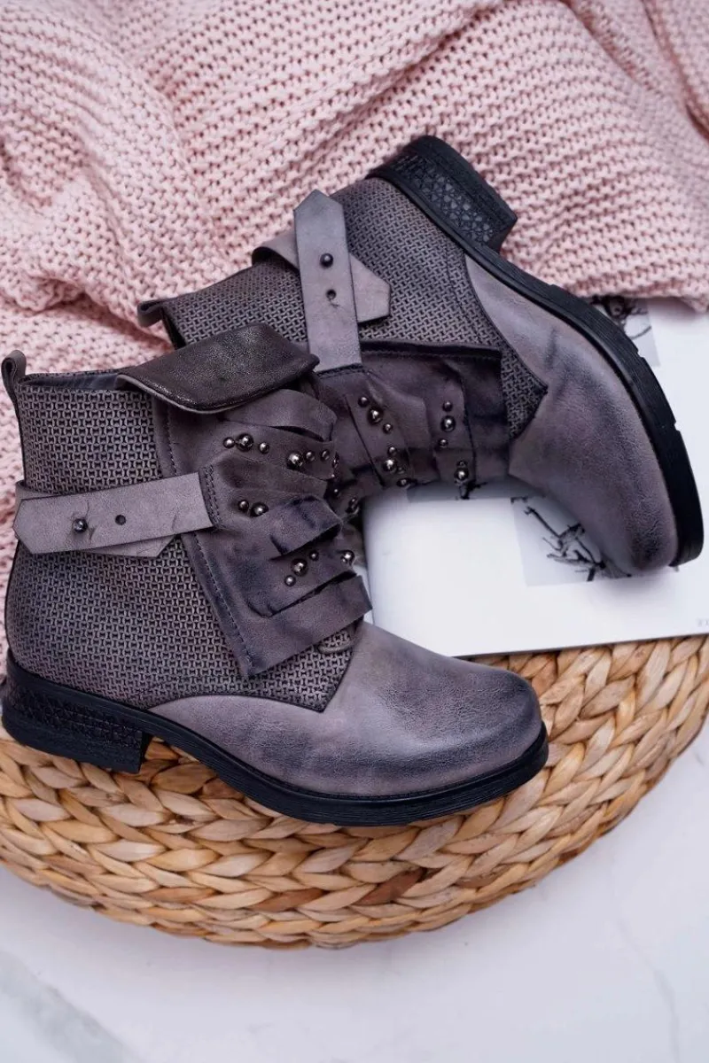 Botki Sznurowane|Botki Zimowe Damskie>Boto Damskie Botki Płaski Obcas Ciepłe Szare Debra