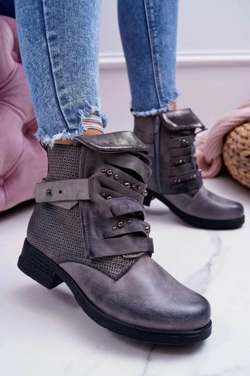 Botki Sznurowane|Botki Zimowe Damskie>Boto Damskie Botki Płaski Obcas Ciepłe Szare Debra