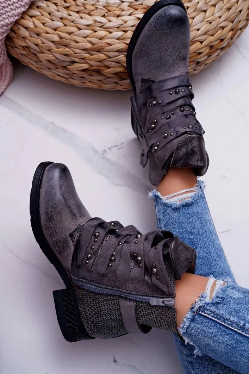 Botki Sznurowane|Botki Zimowe Damskie>Boto Damskie Botki Płaski Obcas Ciepłe Szare Debra