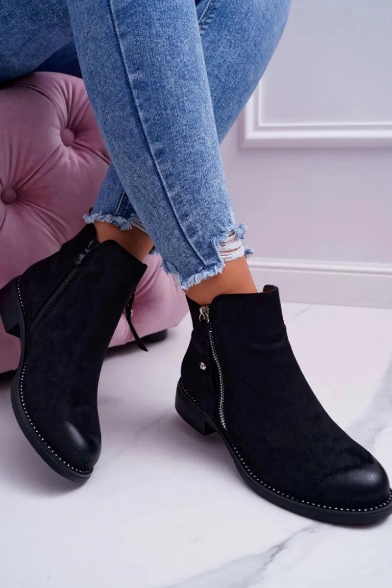 Botki Zimowe Damskie|Botki Zamszowe>Damskie buty S.Barski Damskie Botki Płaski Obcas Czarne Barski 98-20