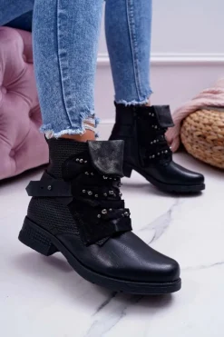 Online Damskie Botki Płaski Obcas Ciepłe Czarne Debra Damskie Botki Sznurowane|Botki Zimowe Damskie