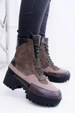 Botki Sznurowane|Botki Zimowe Damskie>Boto Damskie Botki Płaskie Lu Boo Ciepłe Zielone Desert