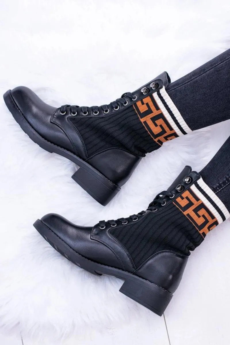 Botki Sznurowane|Botki Płaskie>Boto Damskie Botki Skarpetkowe Czarne Herse